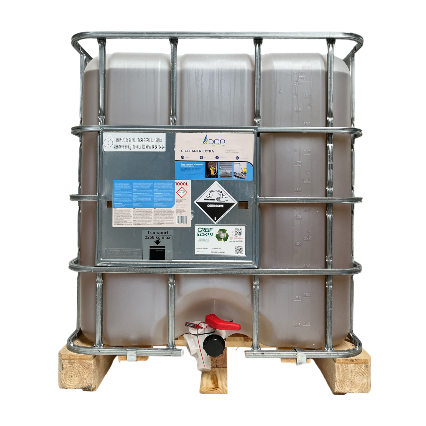 Large industrial container on a wooden pallet with safety labels