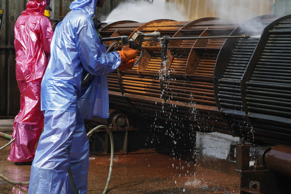 Workers use a high-pressure water jet to splash away dirt from pipe bundles in industrial areas, chemicals or oil and gas plants.