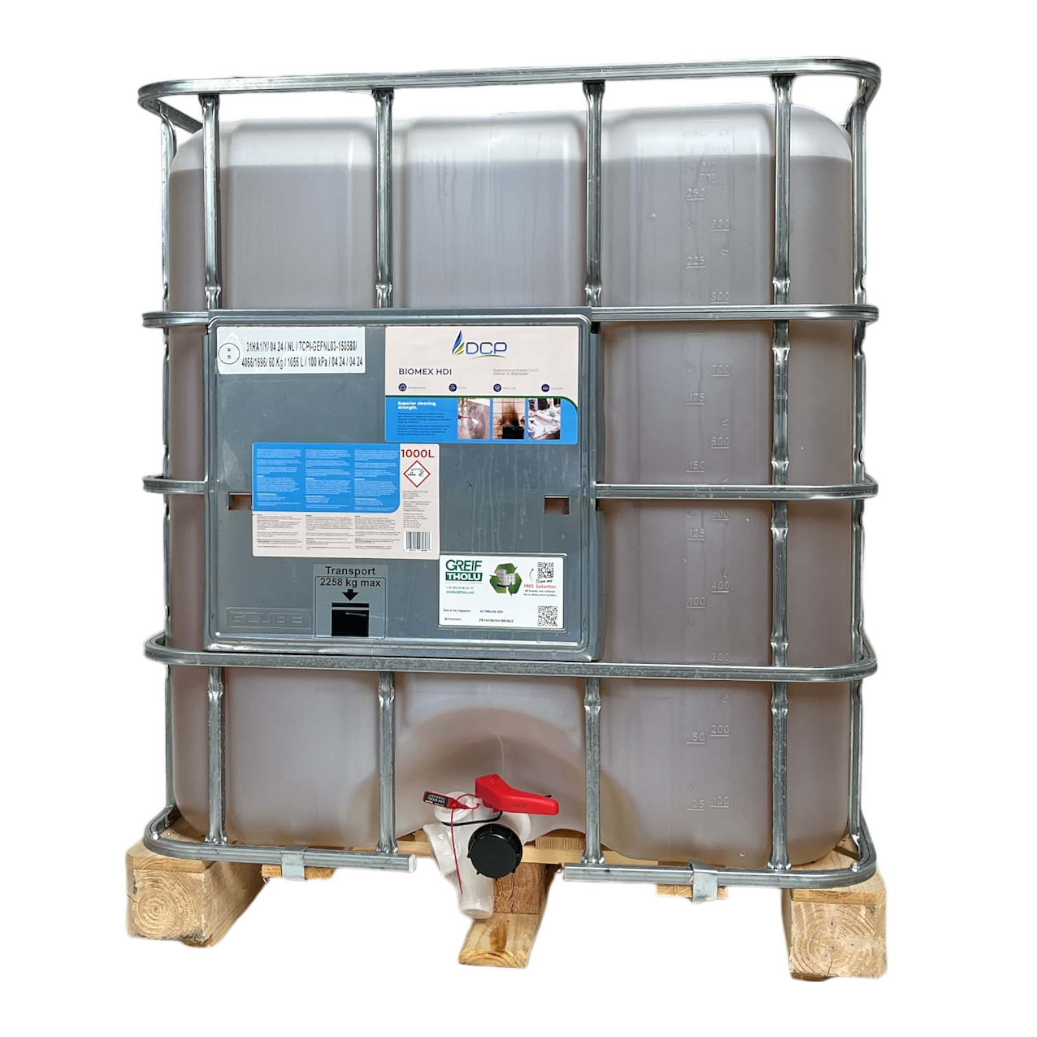 Large industrial container with a label on a white background