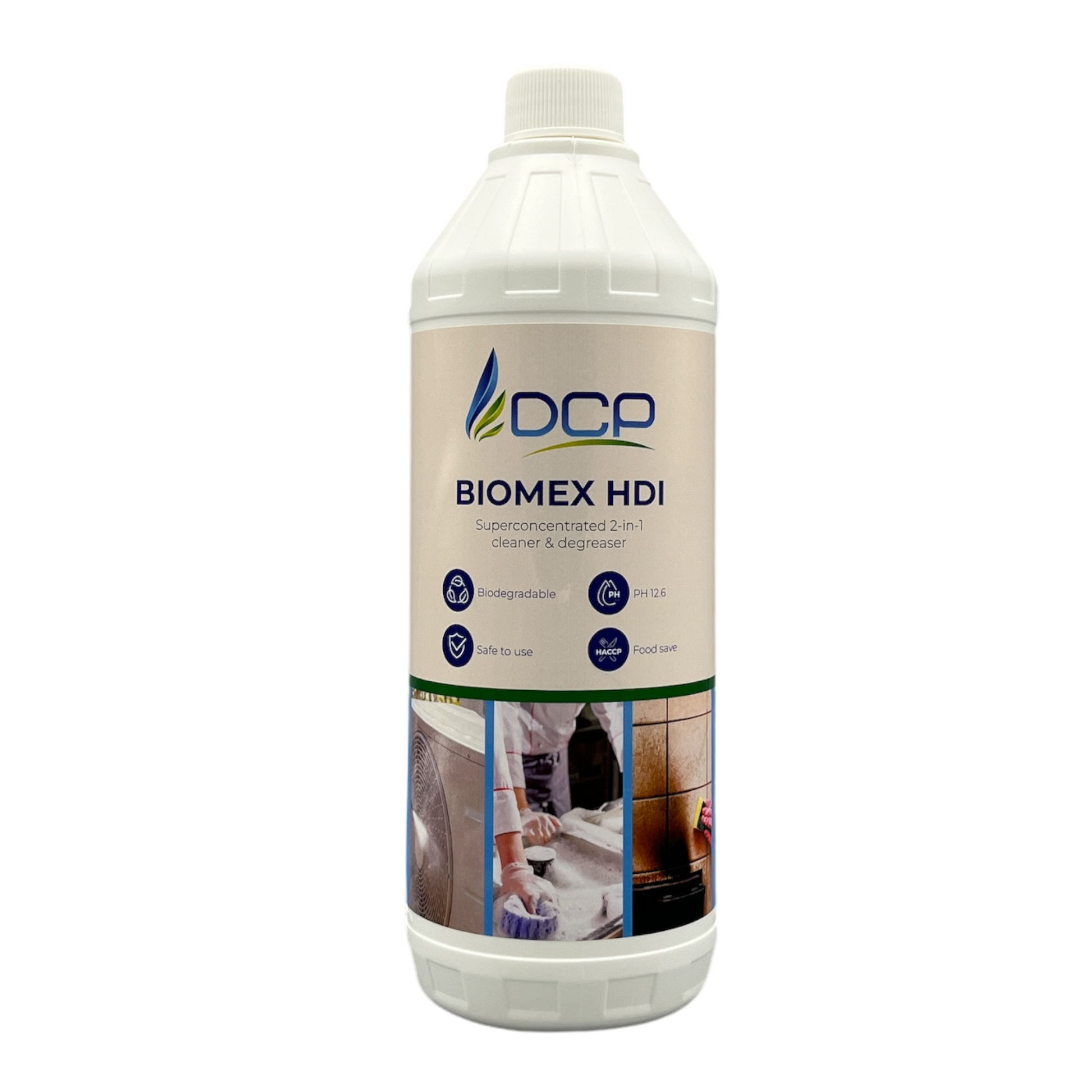 Bottle of DCP Biomex HDI cleaner on a white background