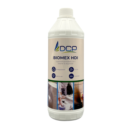 Bottle of DCP Biomex HDI cleaner on a white background