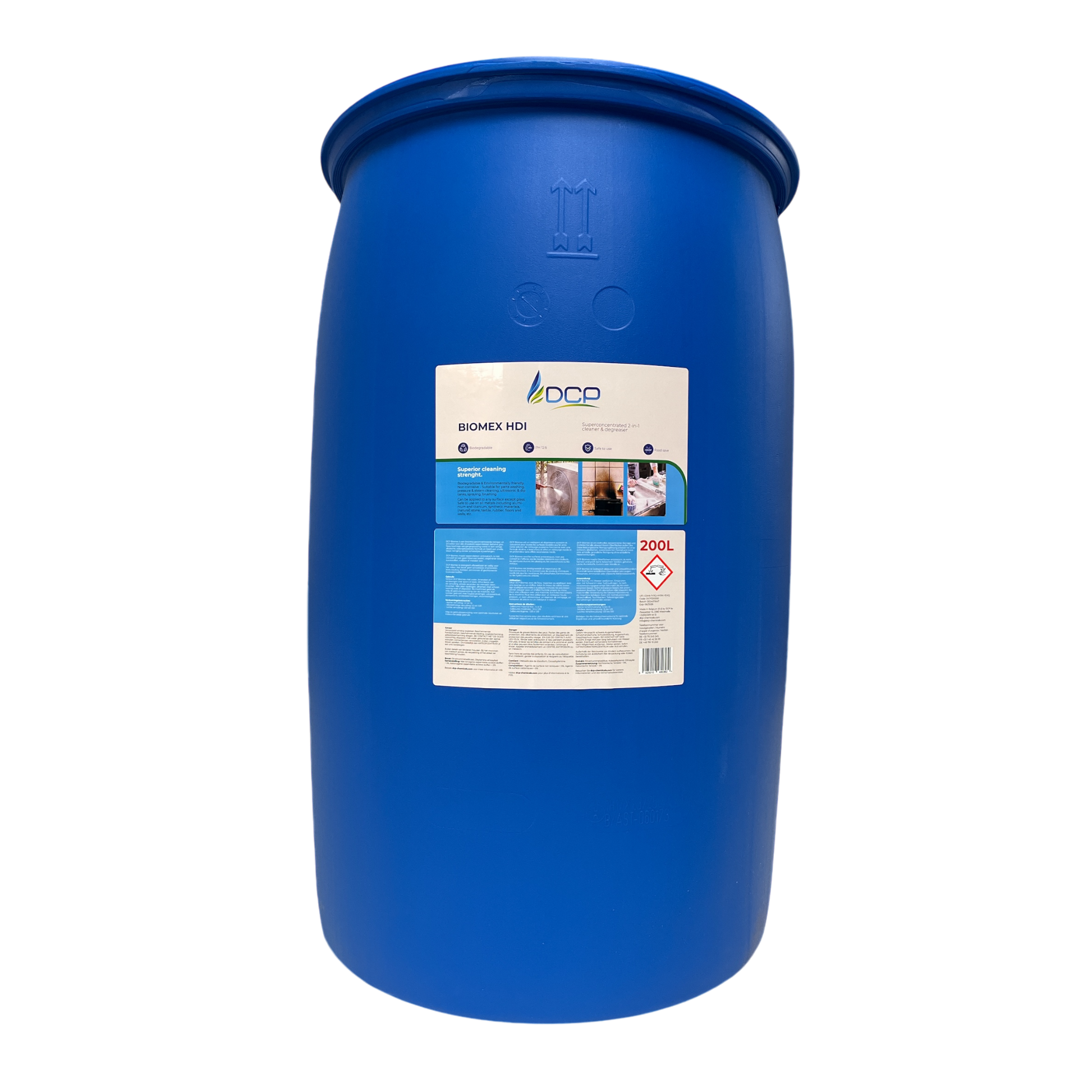 Blue industrial drum with a label on a white background