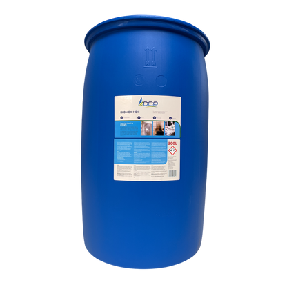 Blue industrial drum with a label on a white background