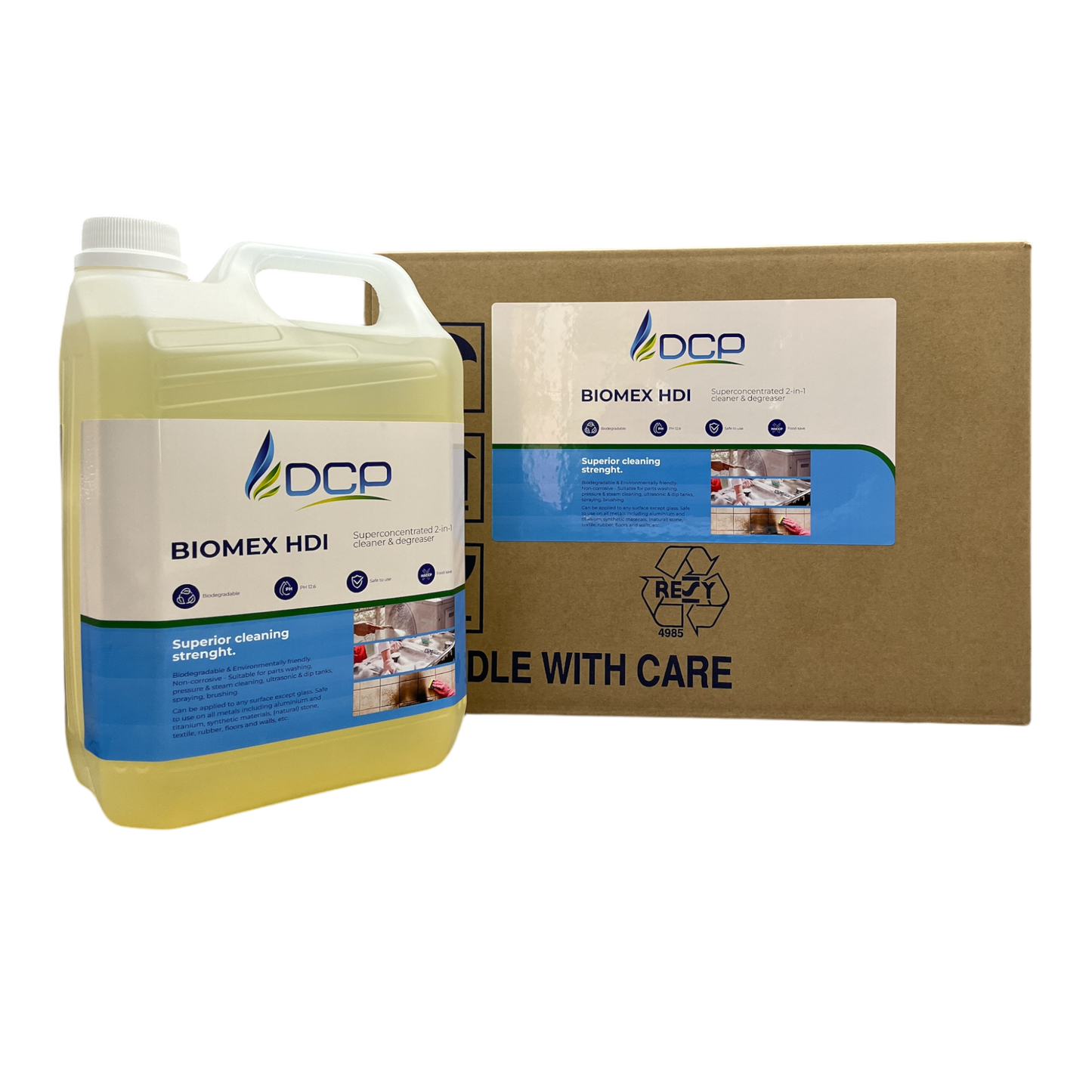 DCP BIOMEX HDI cleaning solution container and cardboard box on a white background