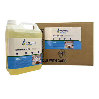 DCP BIOMEX HDI cleaning solution container and cardboard box on a white background