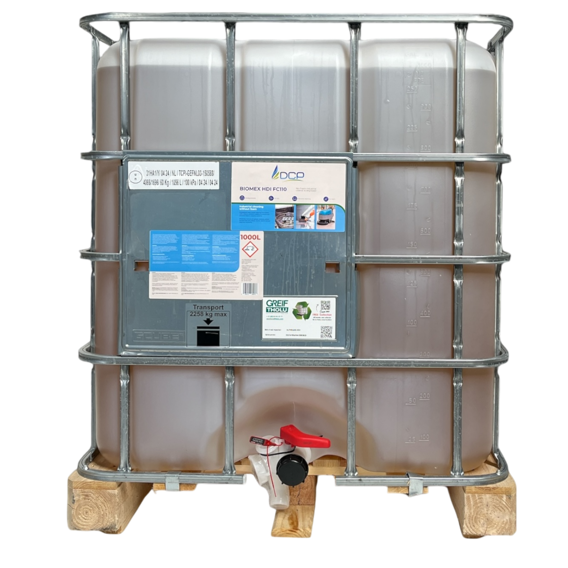 Large industrial container with a label on a white background