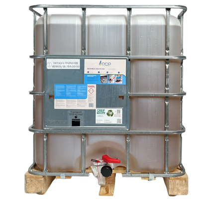 Large industrial container with a label on a white background