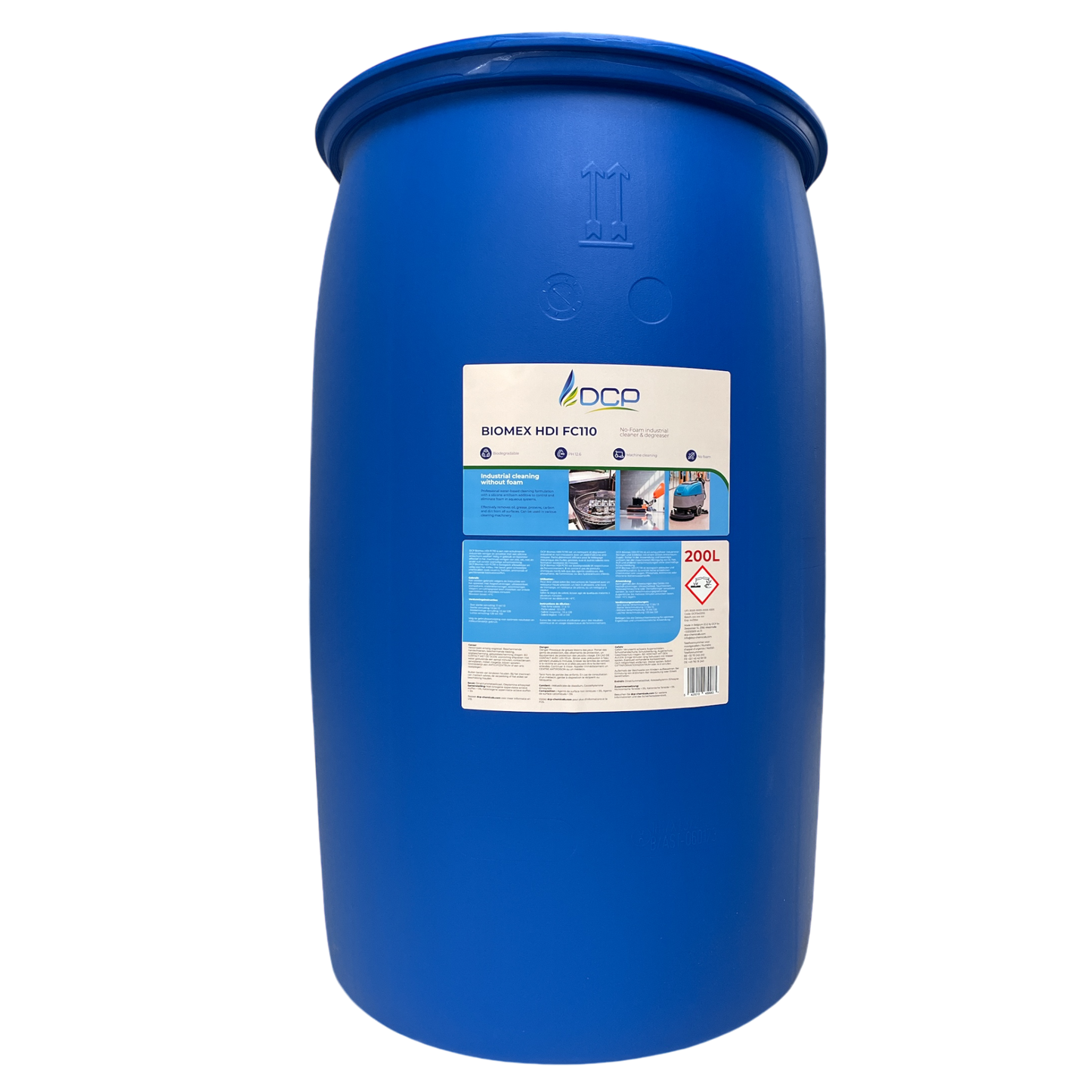 Blue industrial drum with a label on a white background