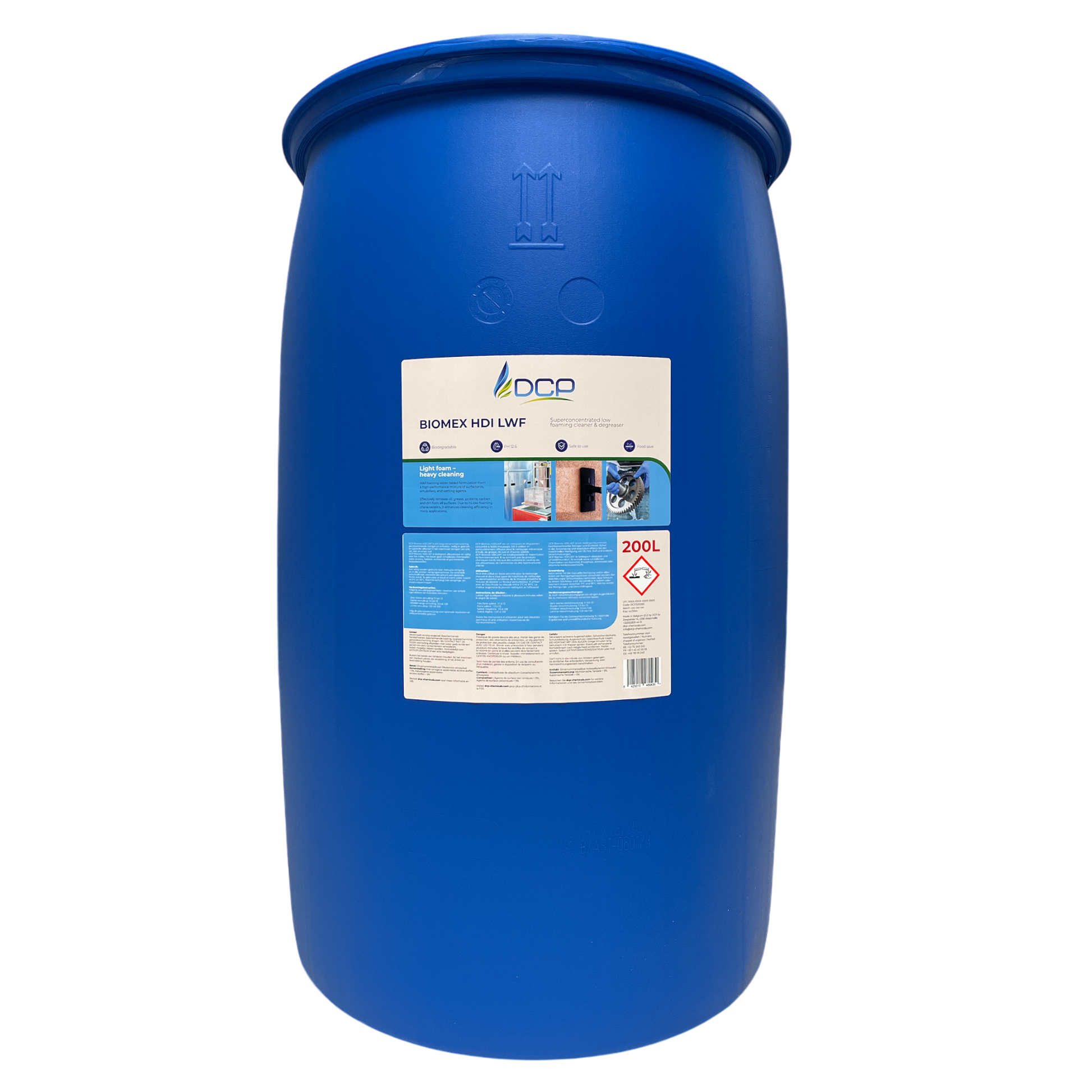 Blue industrial drum with a label on a white background