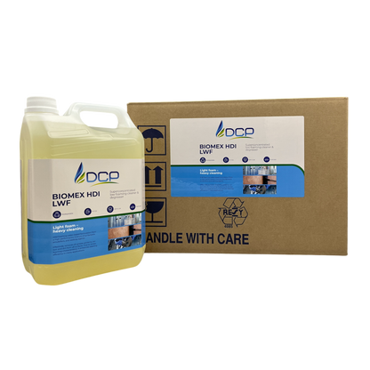 Yellow container and cardboard box with DCP branding on a white background