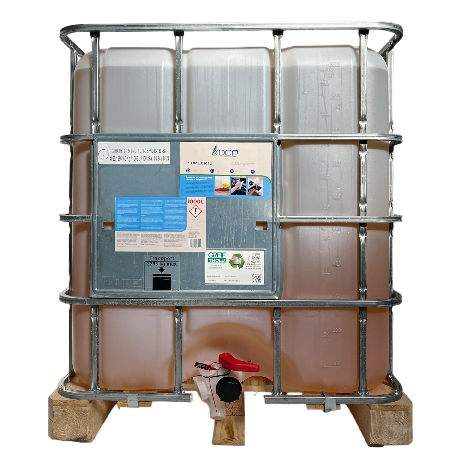 Large industrial storage tank with labels on a white background