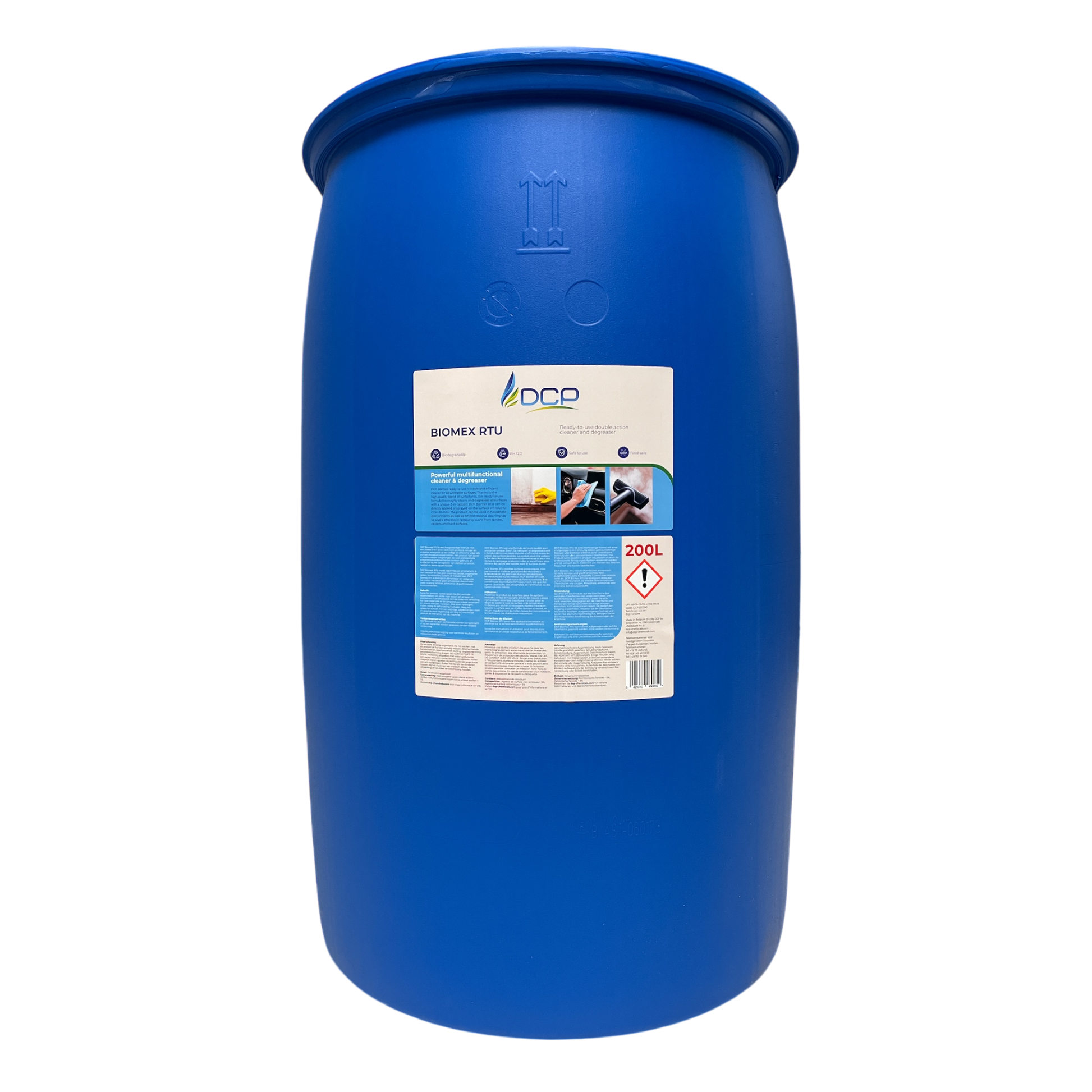 Blue industrial drum with a label on a white background