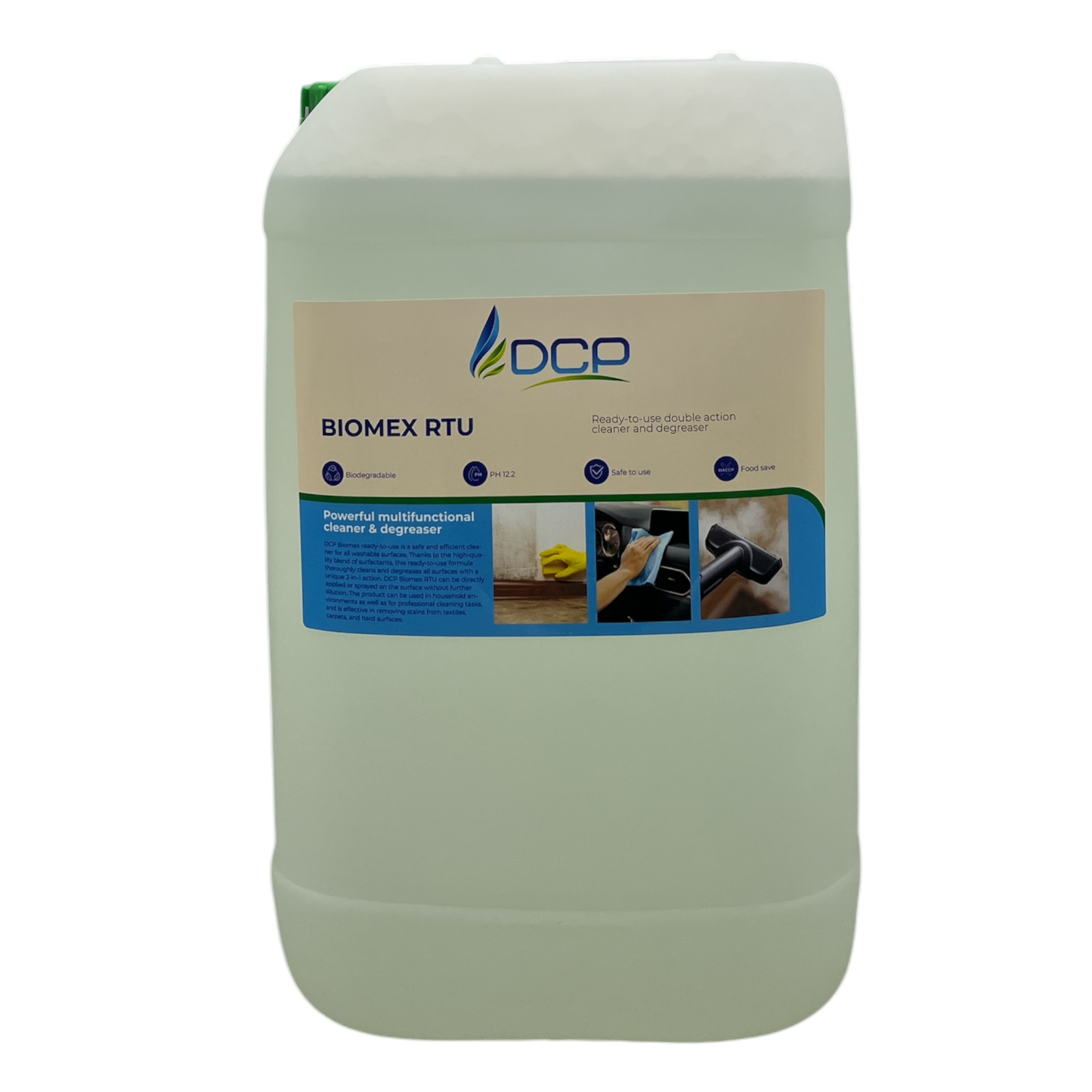 Large container of DCP Biomex RTU cleaner on a white background
