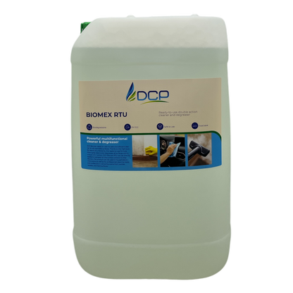 Large container of DCP Biomex RTU cleaner on a white background