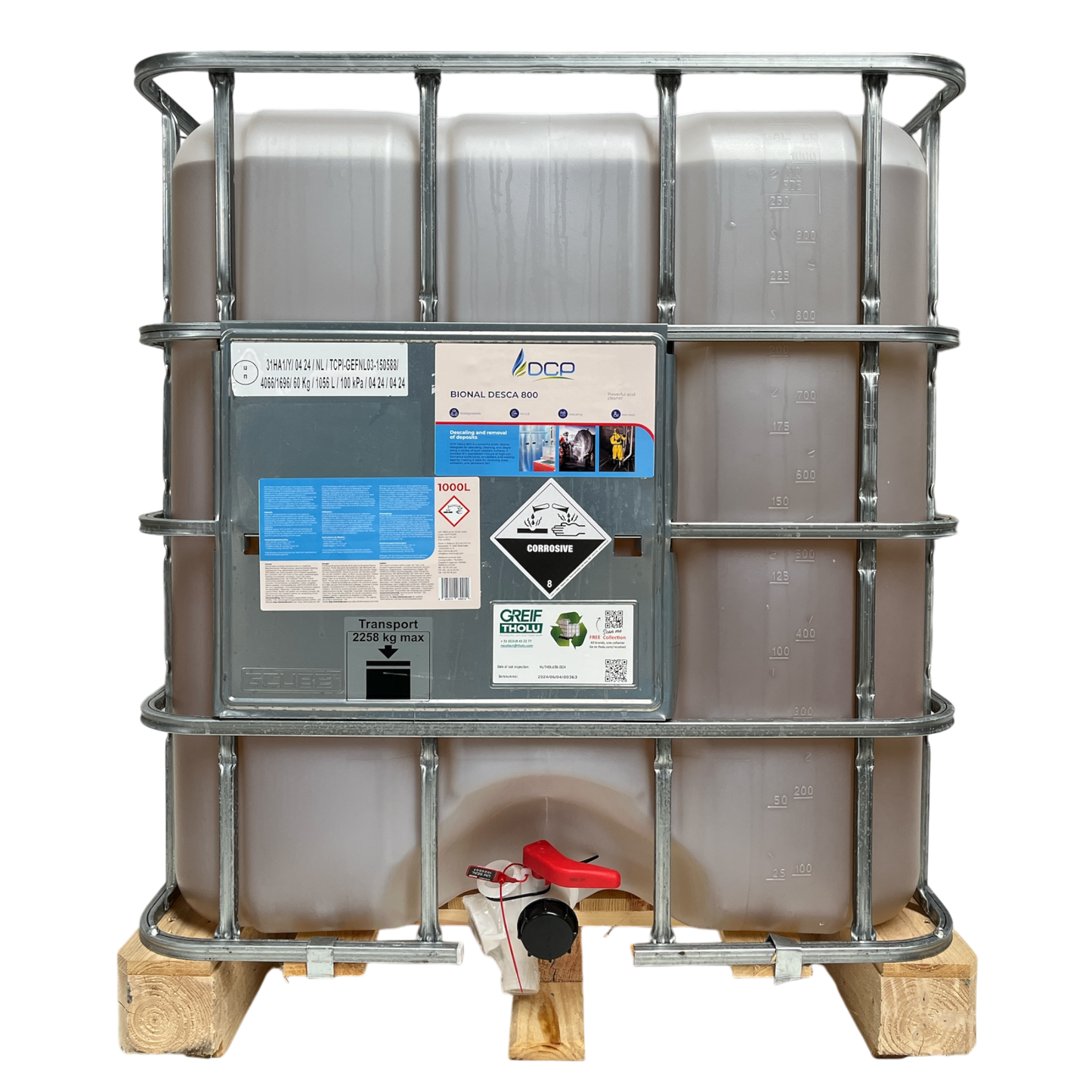 Large industrial storage tank with a label on a white background