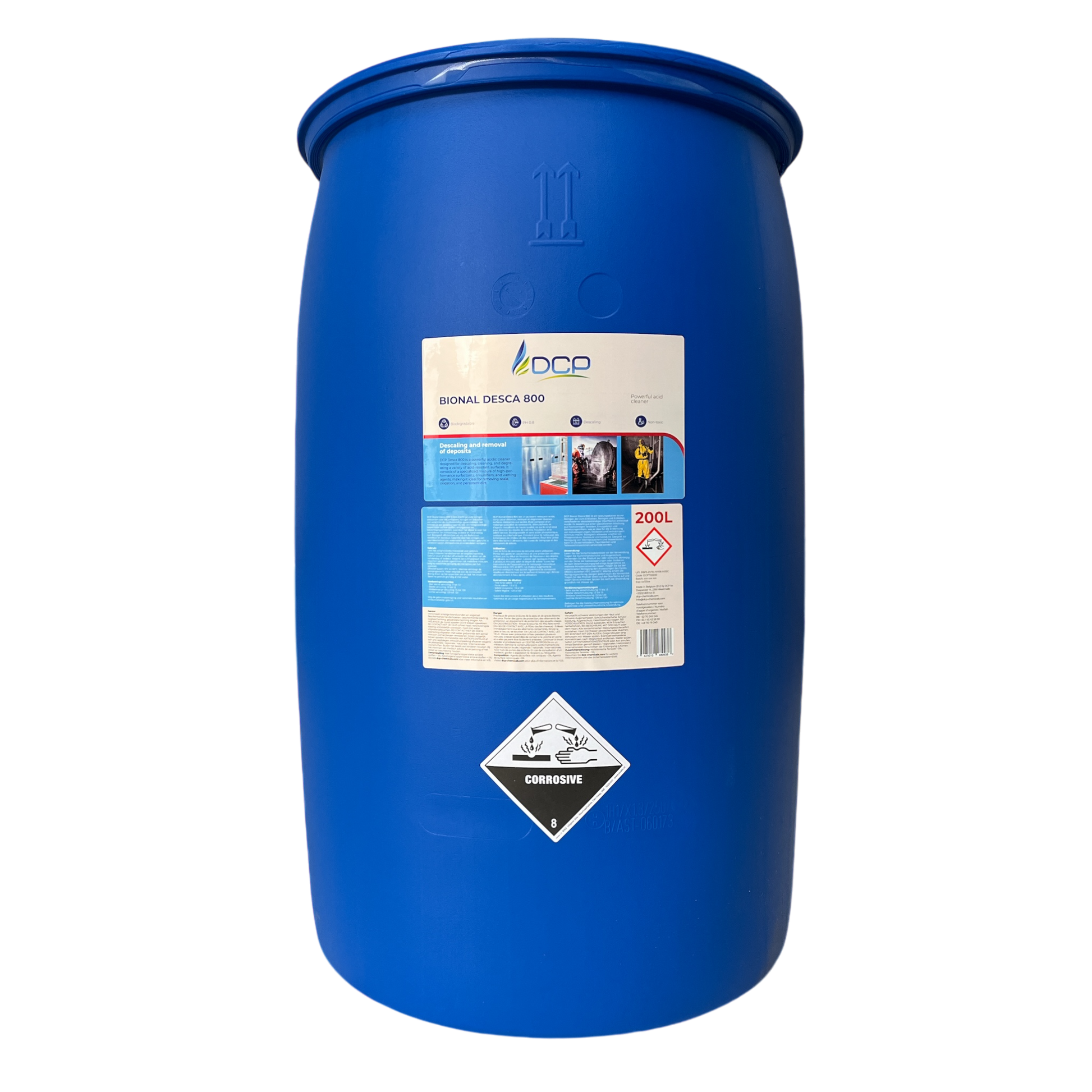 Blue industrial drum with a label on a white background