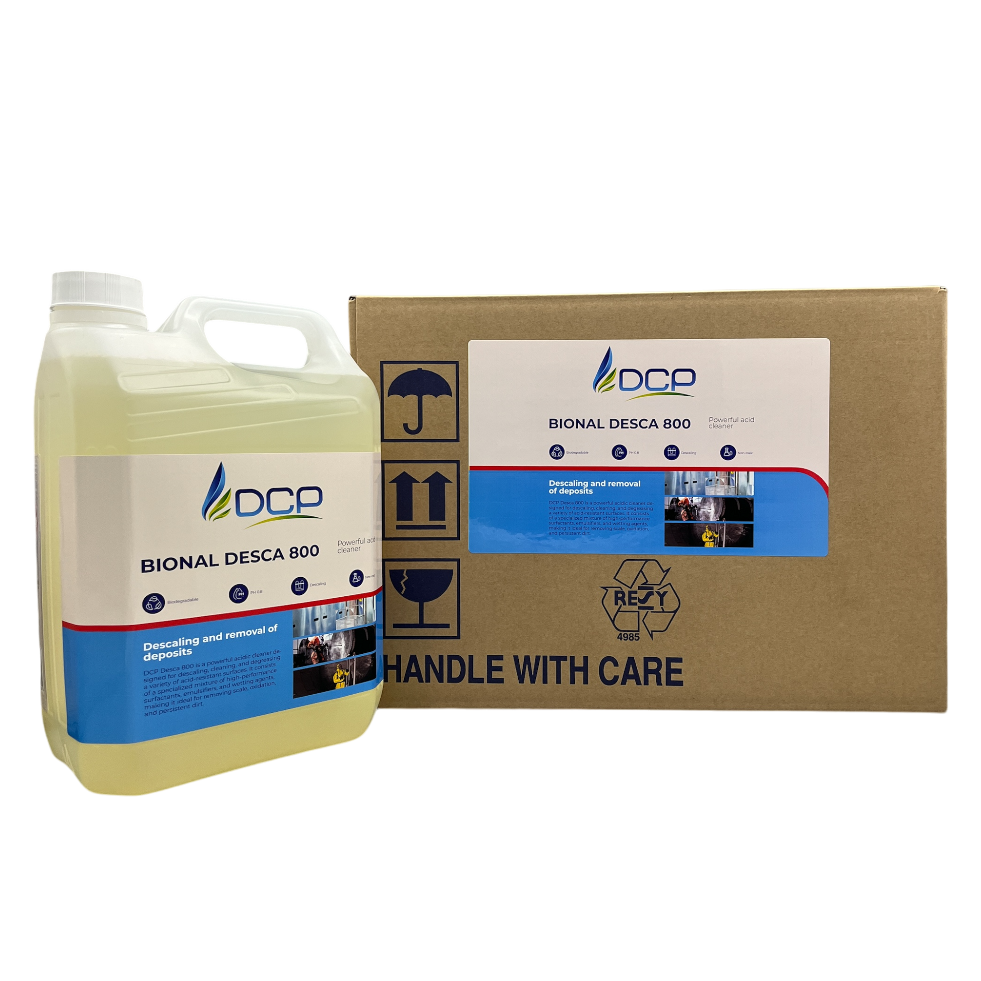 DCP Bional Desca 800 cleaning solution container and packaging on a white background