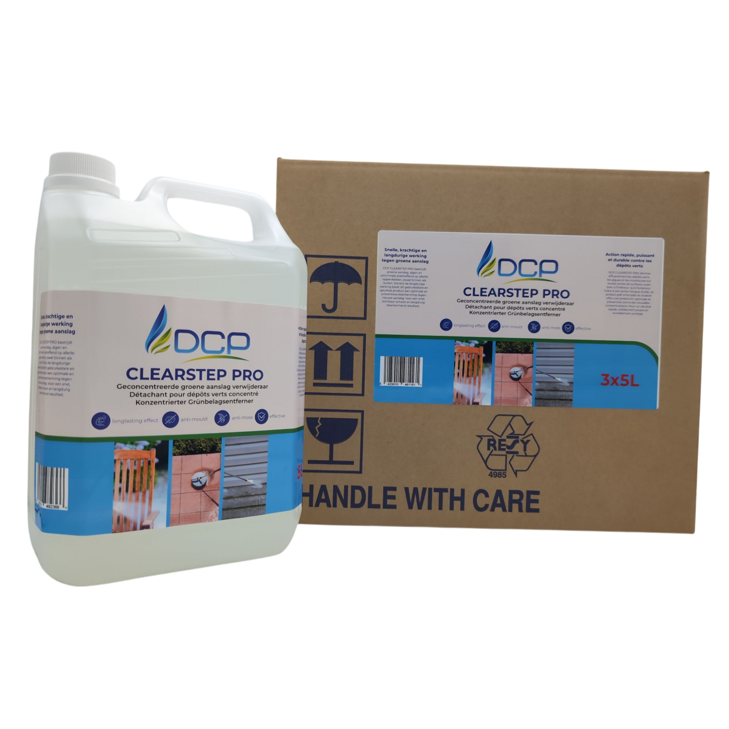 Container of DCP Clearstep Pro cleaning solution with packaging on a white background