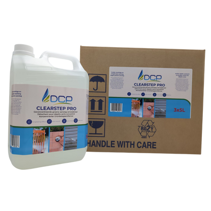 Container of DCP Clearstep Pro cleaning solution with packaging on a white background