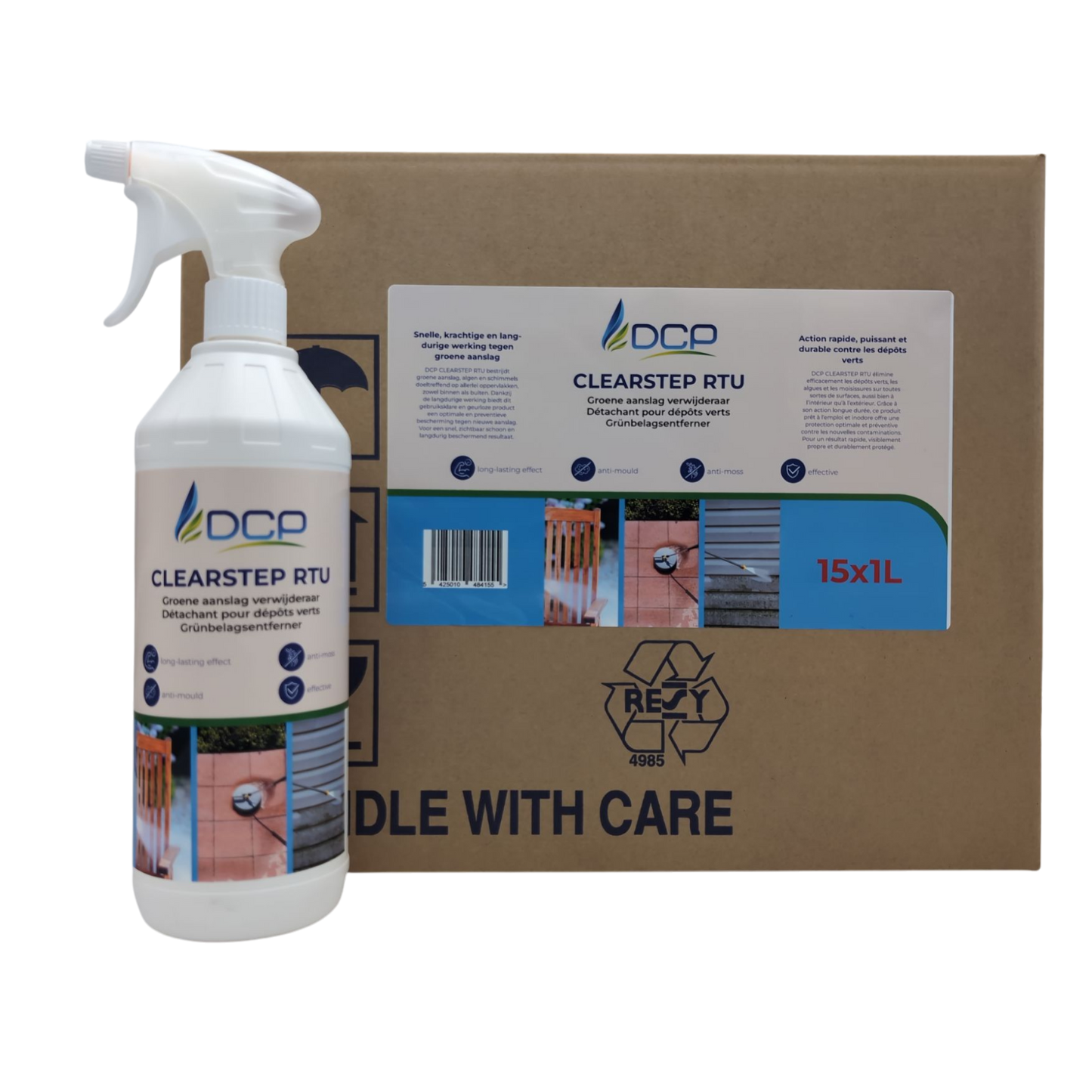 Spray bottle and box of DCP Clearstep RTU on a white background