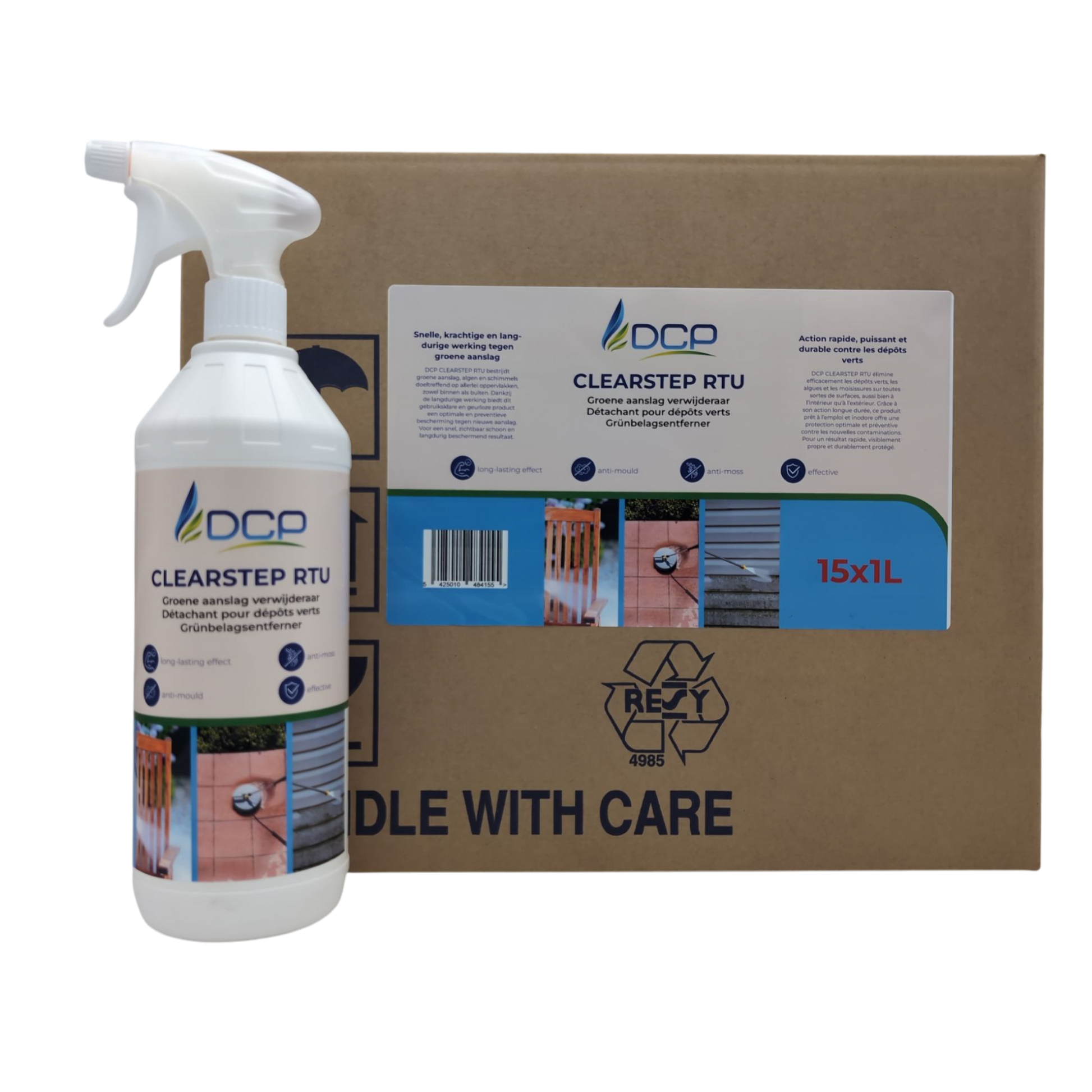 Spray bottle and box of DCP Clearstep RTU on a white background
