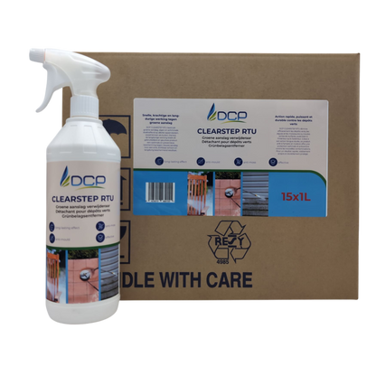 Spray bottle and box of DCP Clearstep RTU on a white background