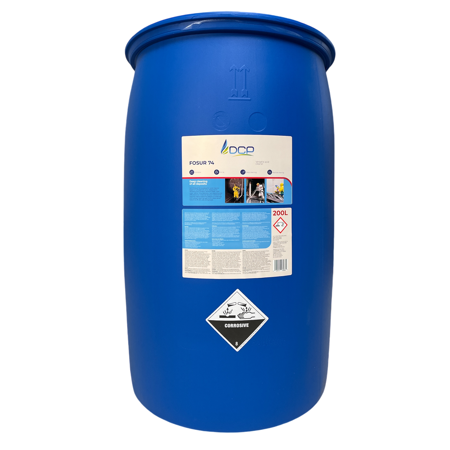 Blue industrial drum of DCP Fosur 74.