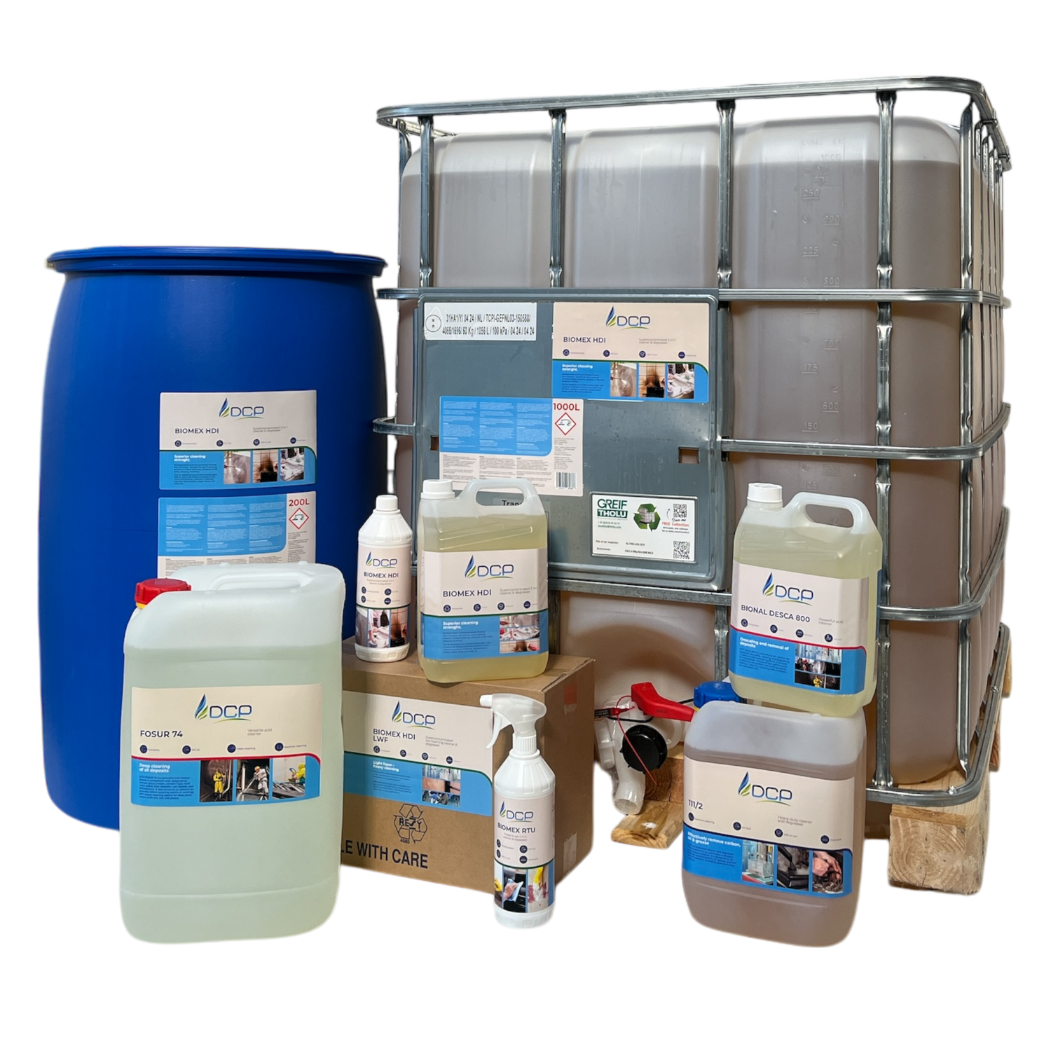 Collection of DCP cleaning products including bottles, drums, and a cart on a white background.