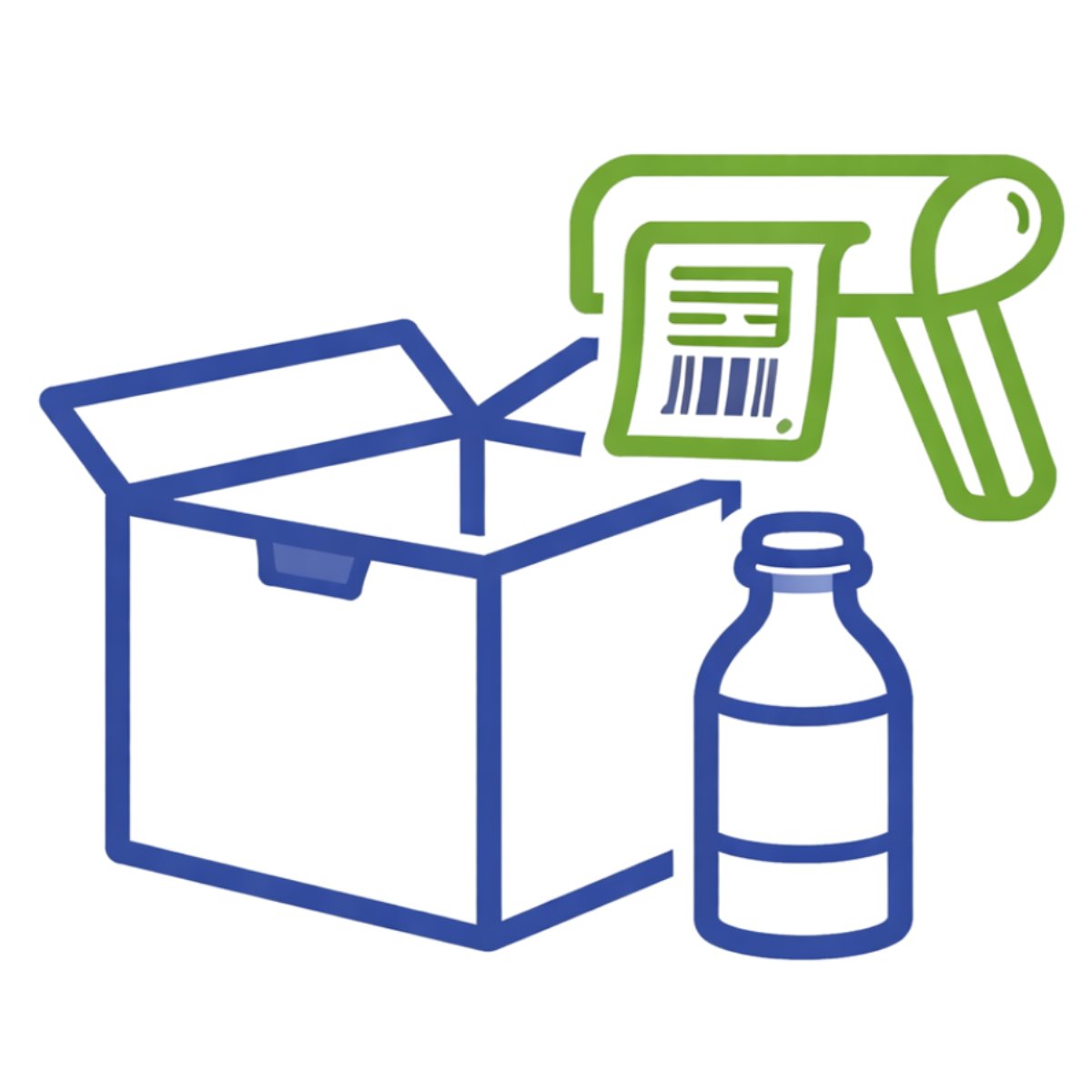 Outline of a box, bottle, and labelling machine on a white background