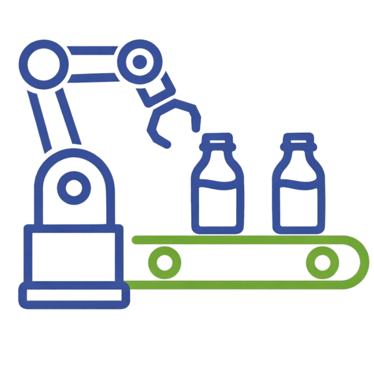 Outline of a robot arm with a conveyor belt carrying bottles on a white background