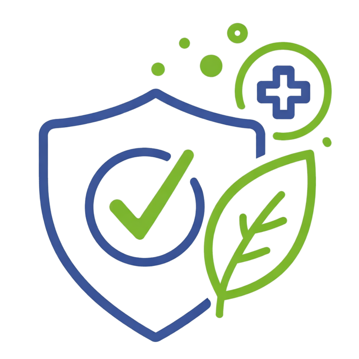 Icon with a shield, check mark, leaf, and cross on a white background