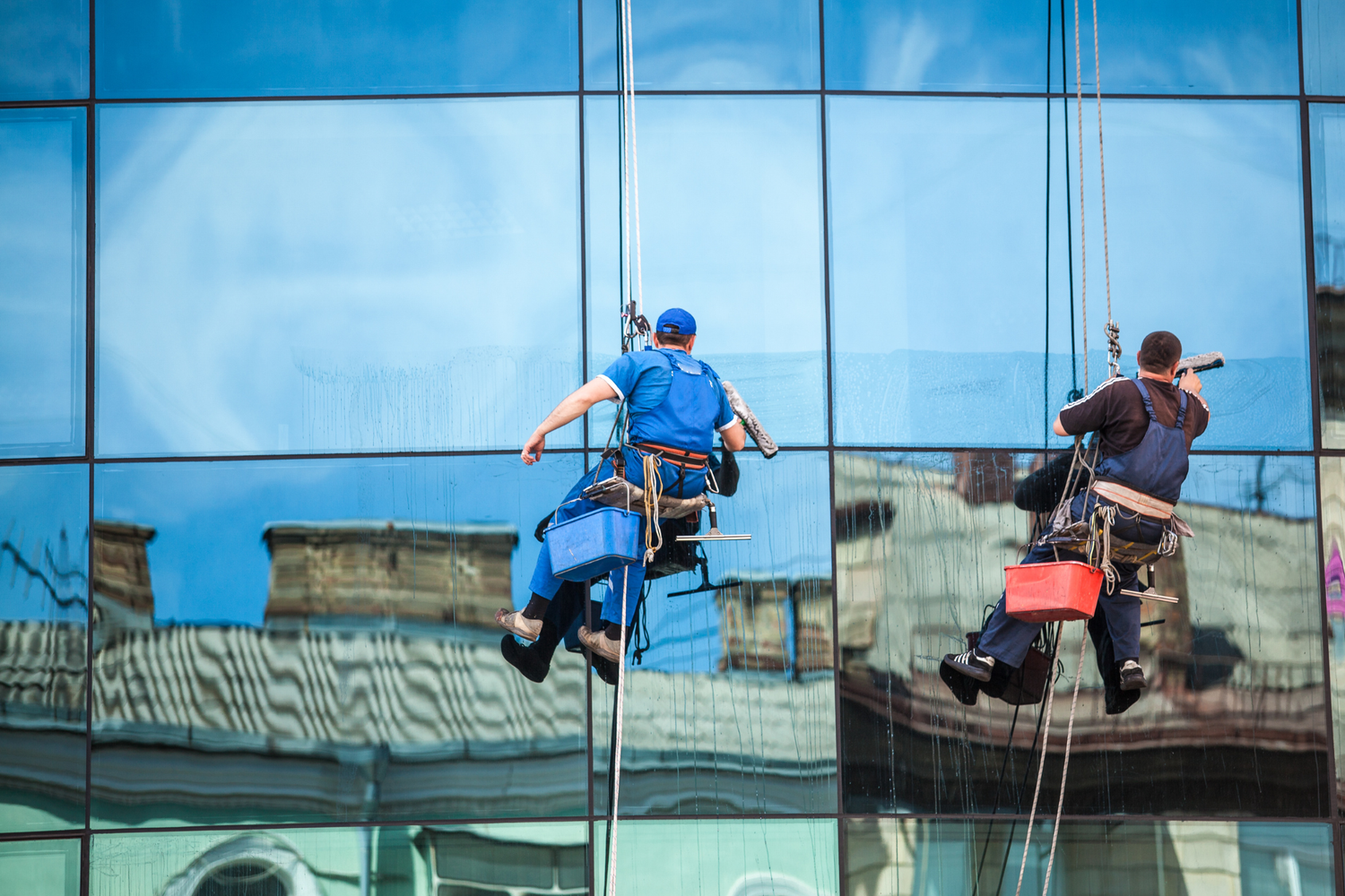 Two window washers on ropes cleaning a glass building facade.