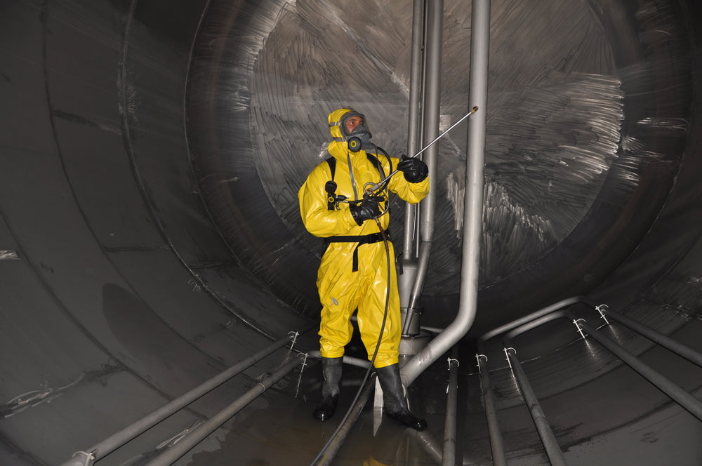 Worker in chemical suit performing cleaning inside a cargo tank of a chemical tanker