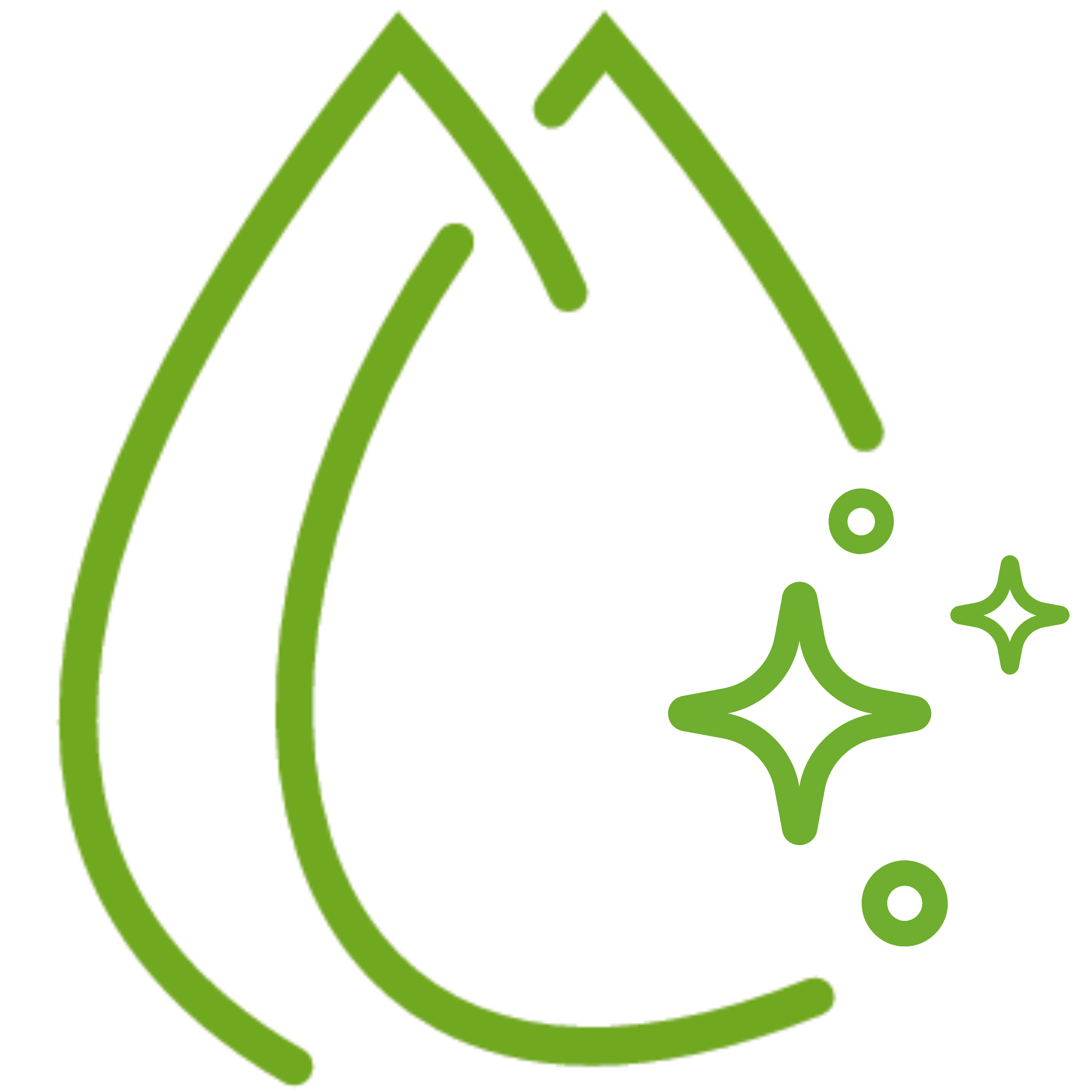 Green icon of a water droplet with stars and dots on a white background